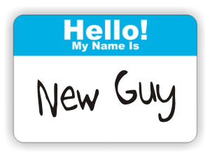 hello my name is sticker with "new guy" written on it