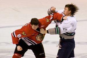 Two hockey players fighting with fists
