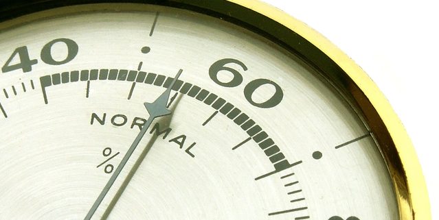 needle on a hygrometer pointing to normal